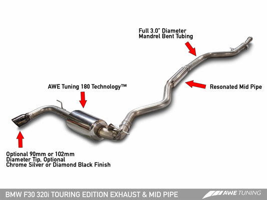 AWE Tuning BMW F30 320i Touring Exhaust w/Performance Mid Pipe - Diamond Black Tip (90mm)